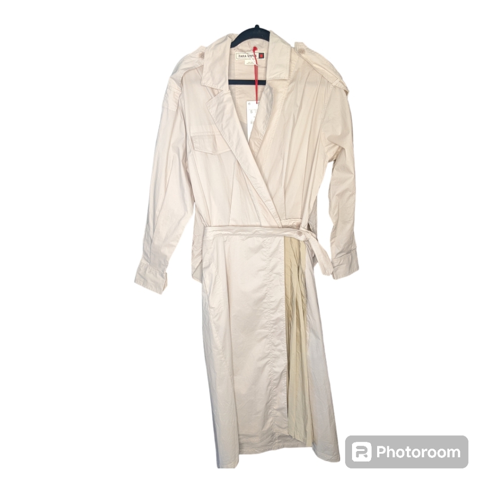 ZARA SRPLS Khaki Oversized Trench Dress with Pleated Skirt, Small